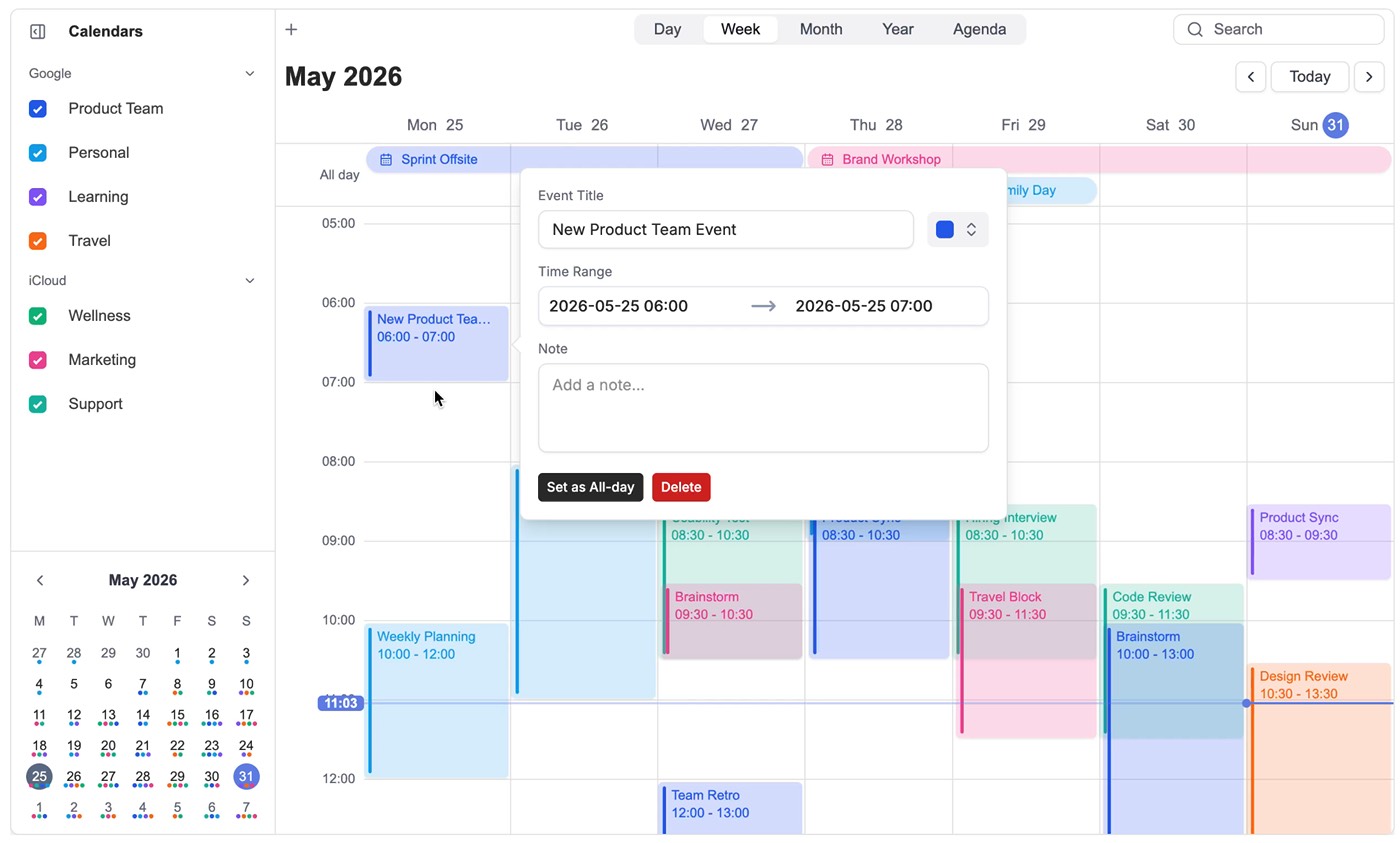 Creating an event by dragging on the DayFlow calendar grid