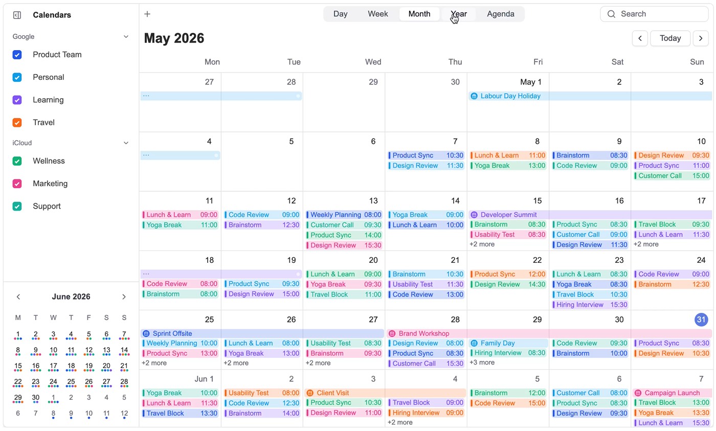 Switching between day, week, month and year views in DayFlow Calendar