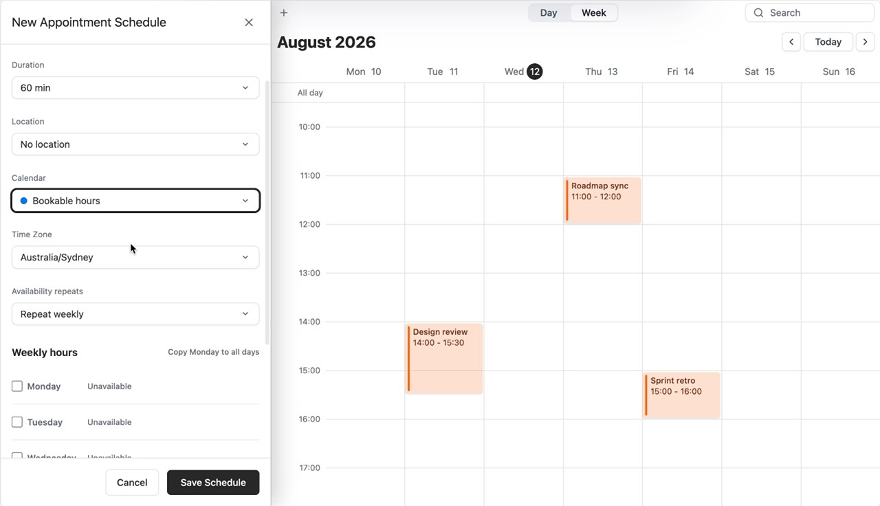 Setting up bookable hours and intervals in the DayFlow appointment schedule