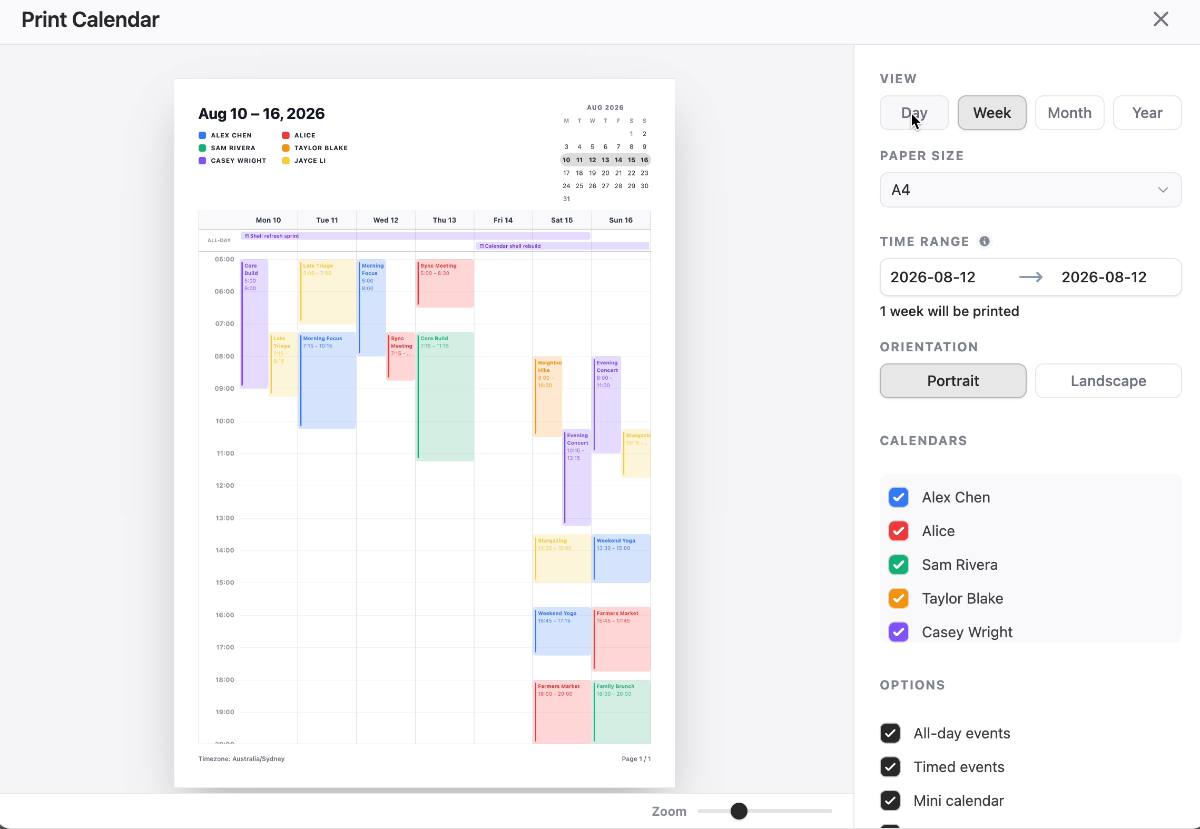 Switching a printable calendar between week, month and year layouts